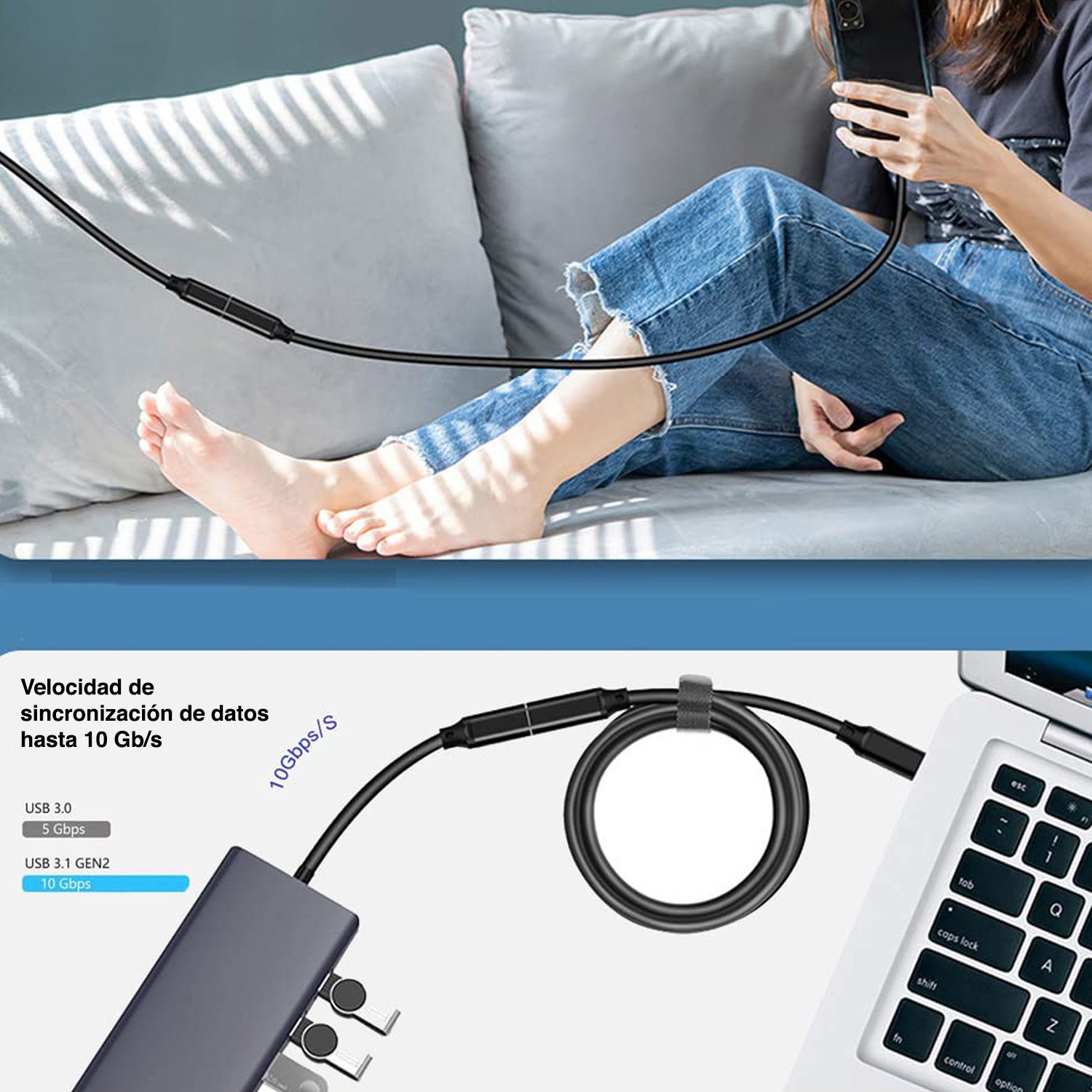 Cable extensión USB C de 1.8 mts macho hembra - Imagen 2