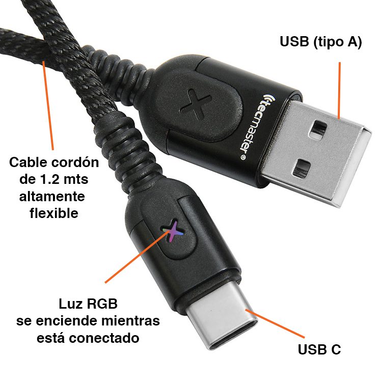 Cable USB C cordón flexible Máx 3.1A con luz RGB - Imagen 5